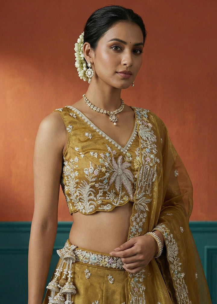 Yellow Ochre Tissue Lehenga Choli with Heavy Zari &amp; Thread Embroidery