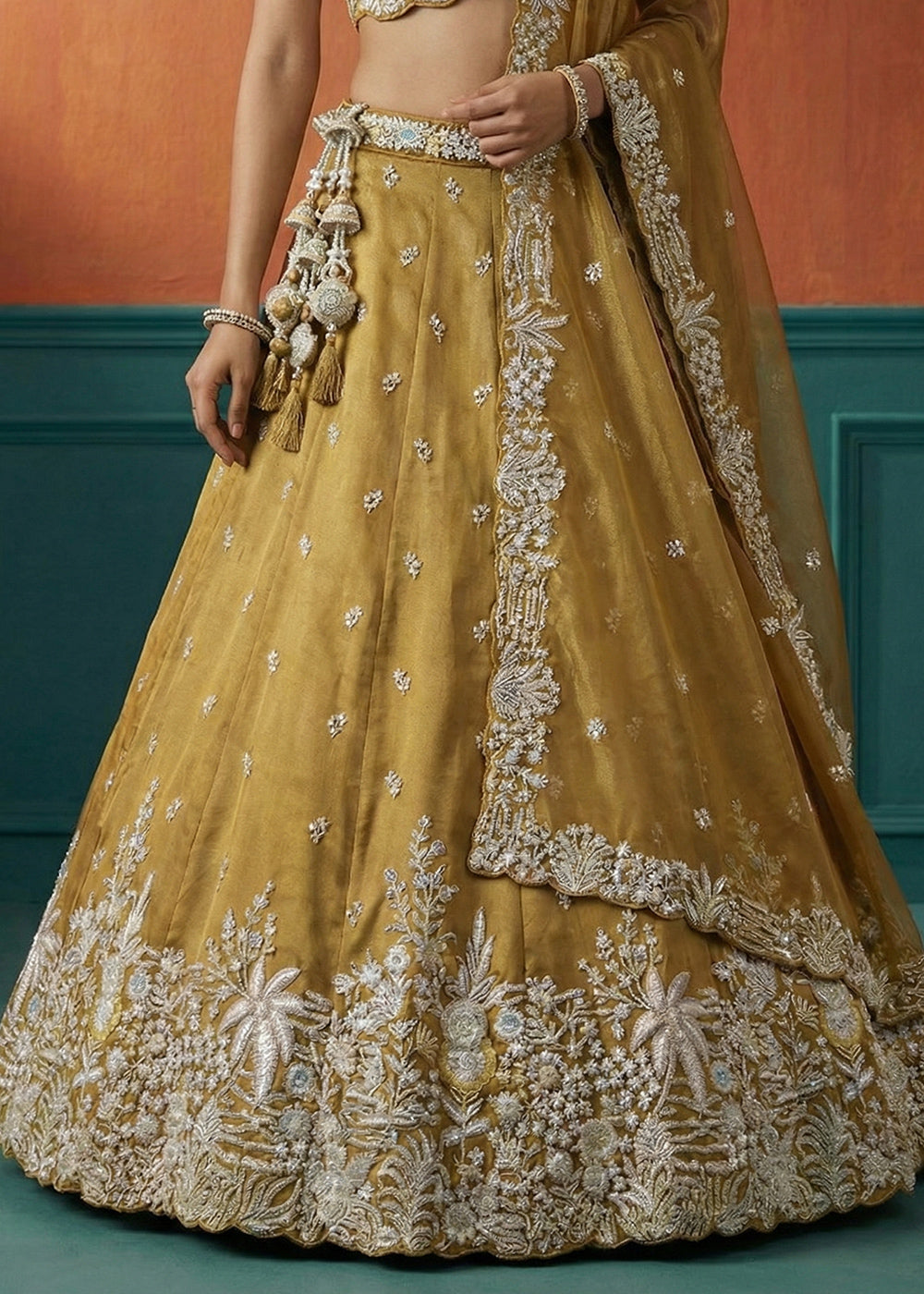 Yellow Ochre Tissue Lehenga Choli with Heavy Zari &amp; Thread Embroidery