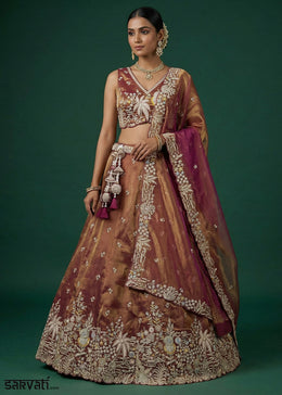 Copper Brown & Plum Purple Tissue Lehenga Choli with Heavy Zari,  Thread Embroidery
