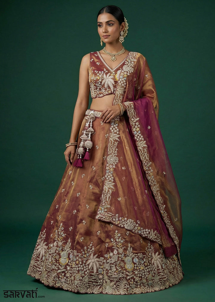 Copper Brown &amp; Plum Purple Tissue Lehenga Choli with Heavy Zari,  Thread Embroidery