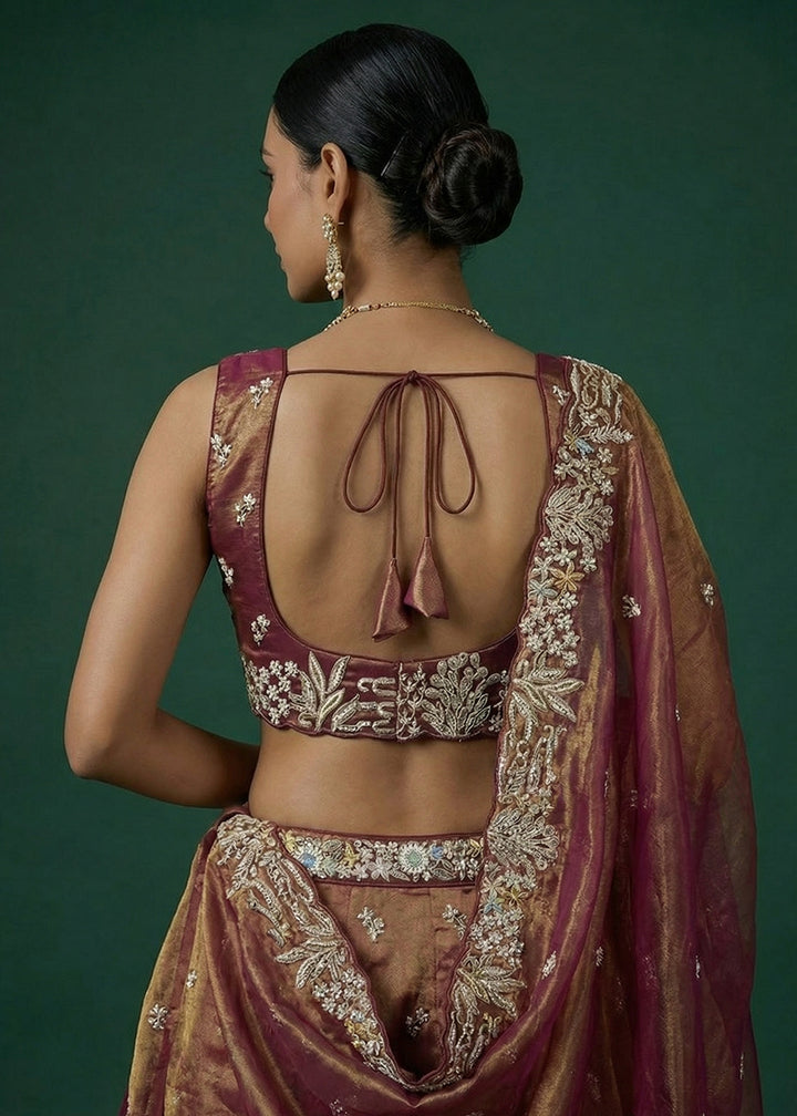 Copper Brown &amp; Plum Purple Tissue Lehenga Choli with Heavy Zari,  Thread Embroidery