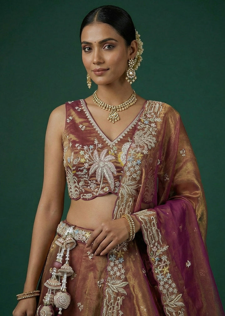 Copper Brown &amp; Plum Purple Tissue Lehenga Choli with Heavy Zari,  Thread Embroidery