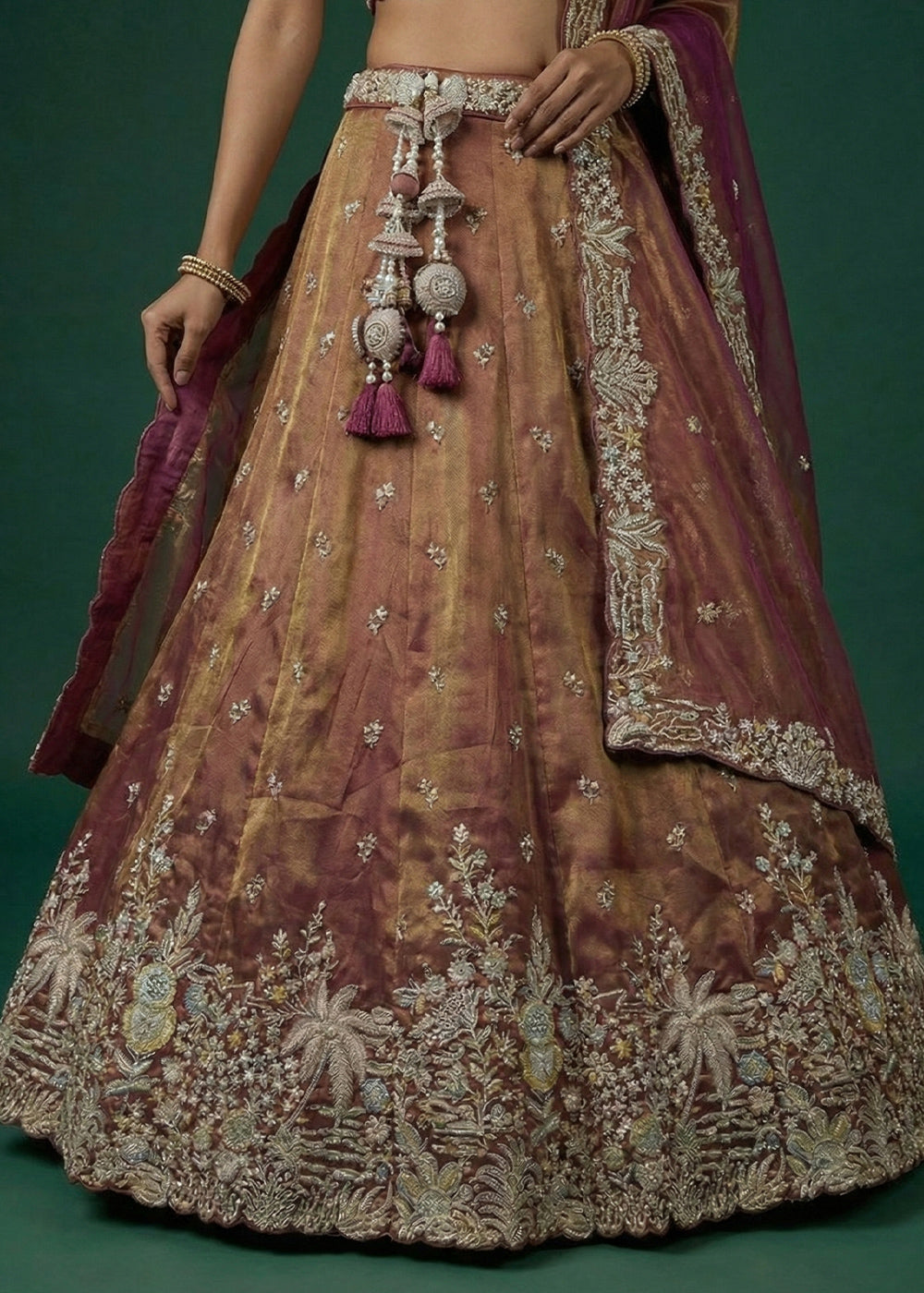 Copper Brown &amp; Plum Purple Tissue Lehenga Choli with Heavy Zari,  Thread Embroidery