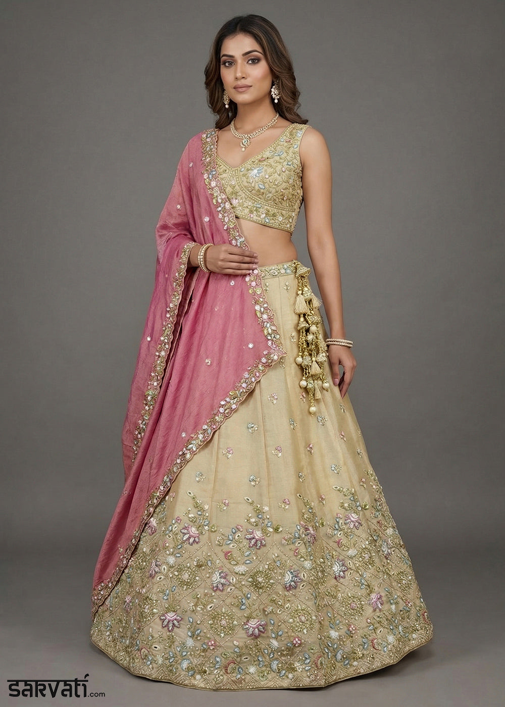Champagne Beige Brown Tissue Lehenga Choli with Sequin, Bead &amp; Thread Embroidery