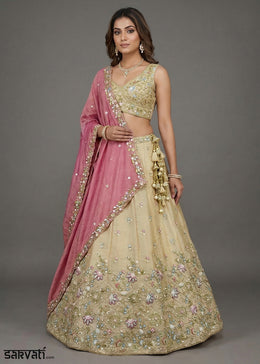 Champagne Beige Brown Tissue Lehenga Choli with Sequin, Bead & Thread Embroidery