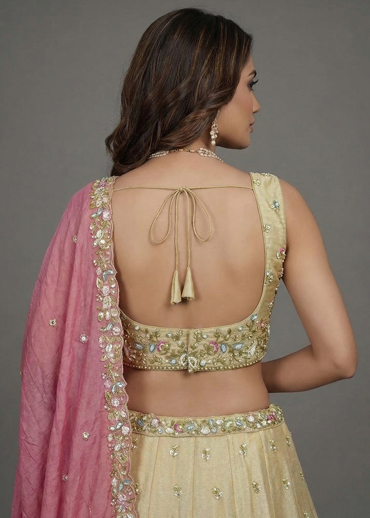 Champagne Beige Brown Tissue Lehenga Choli with Sequin, Bead &amp; Thread Embroidery