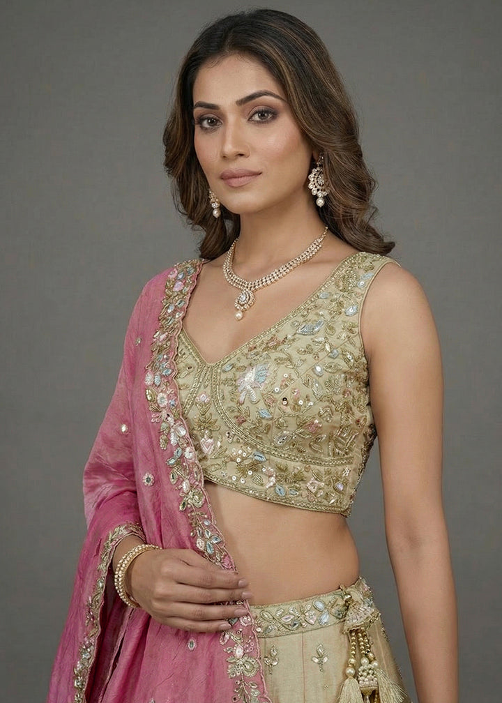 Champagne Beige Brown Tissue Lehenga Choli with Sequin, Bead &amp; Thread Embroidery