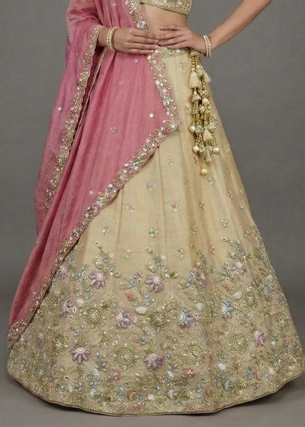 Champagne Beige Brown Tissue Lehenga Choli with Sequin, Bead &amp; Thread Embroidery