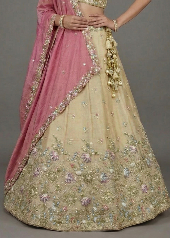 Champagne Beige Brown Tissue Lehenga Choli with Sequin, Bead &amp; Thread Embroidery