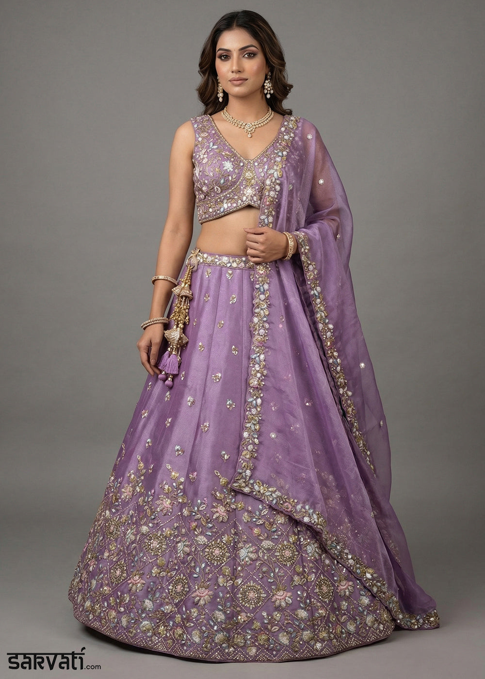 Amethyst Purple Tissue Lehenga Choli with Sequin, Bead &amp; Thread Embroidery