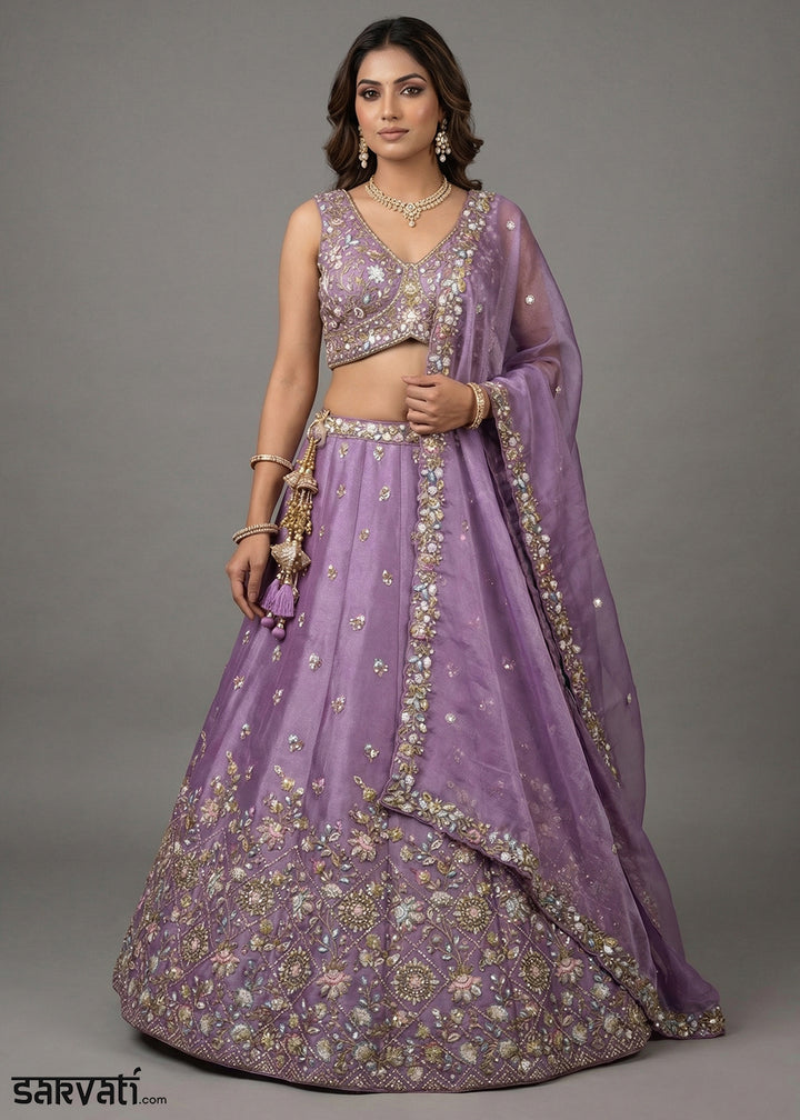 Amethyst Purple Tissue Lehenga Choli with Sequin, Bead &amp; Thread Embroidery