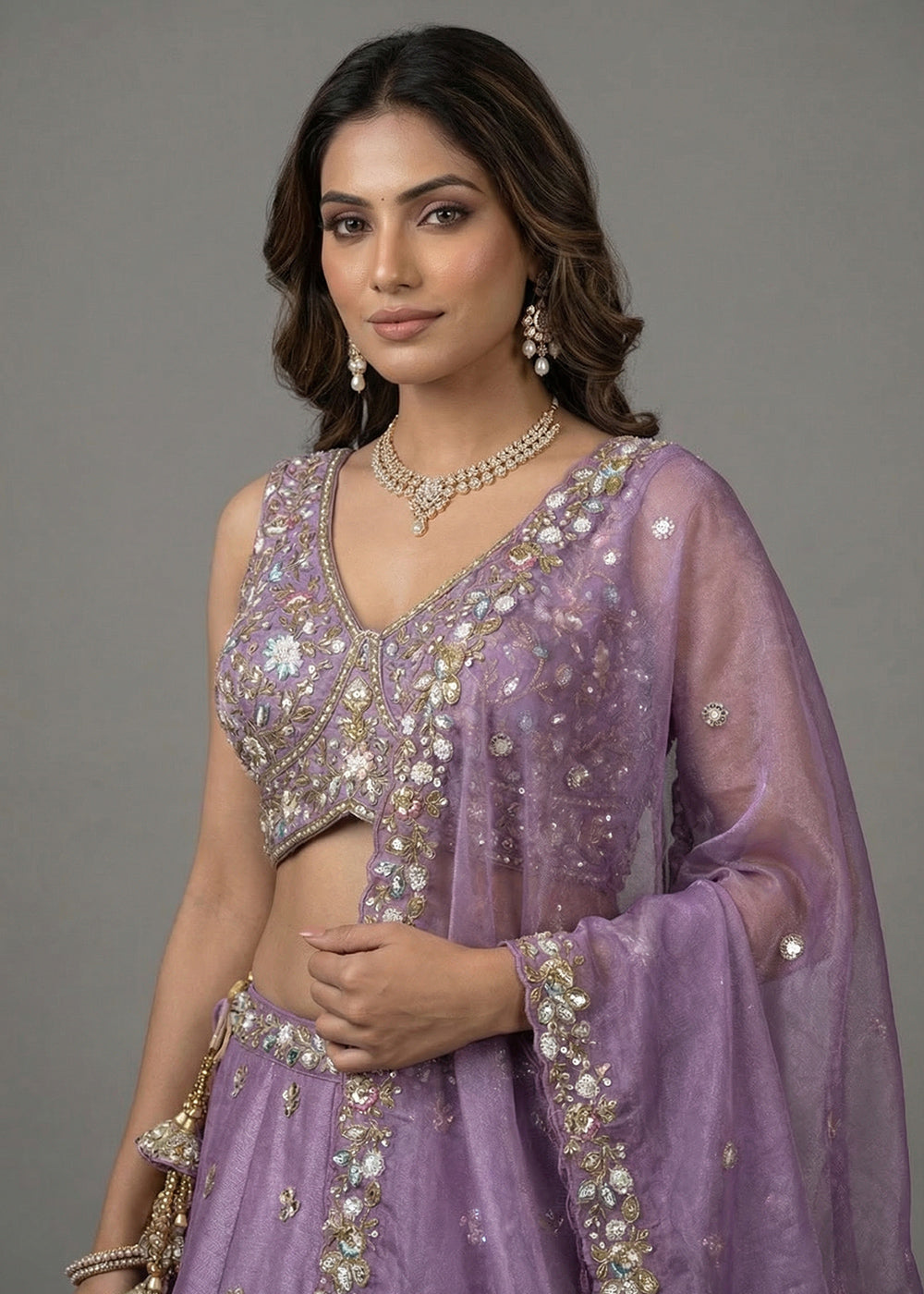 Amethyst Purple Tissue Lehenga Choli with Sequin, Bead &amp; Thread Embroidery