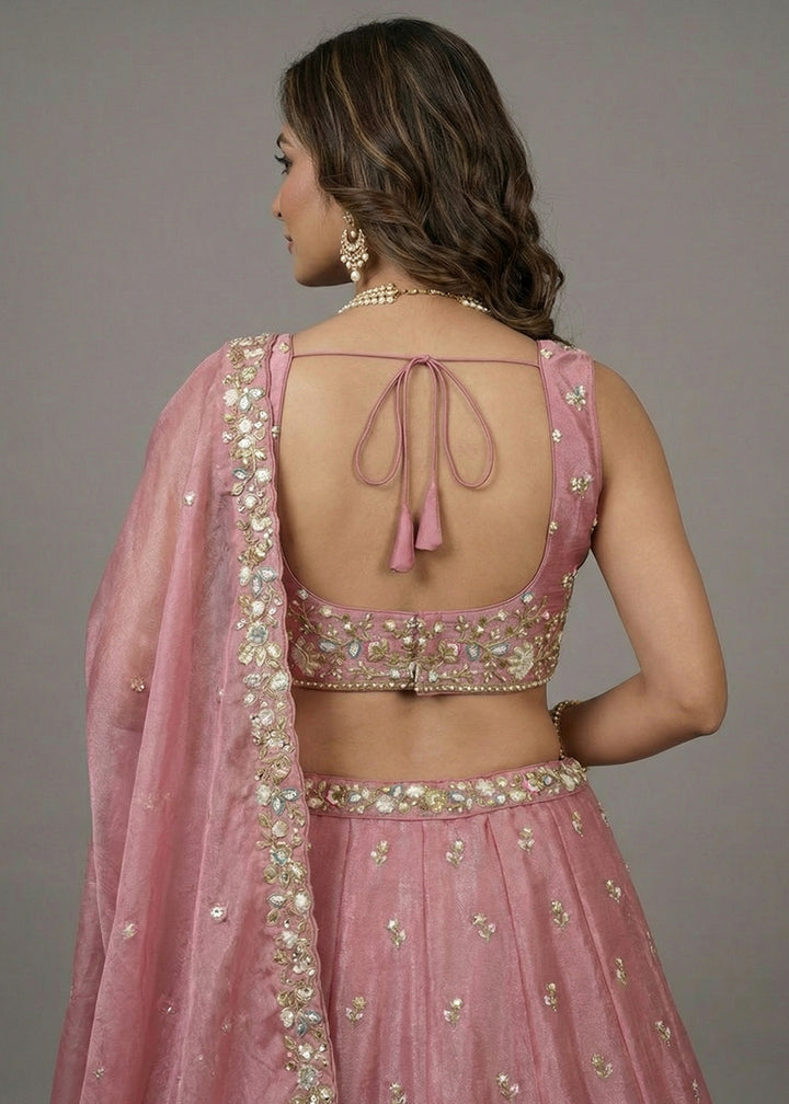 Rose Pink Tissue Lehenga Choli with Floral, Bead &amp; Sequin Embroidery