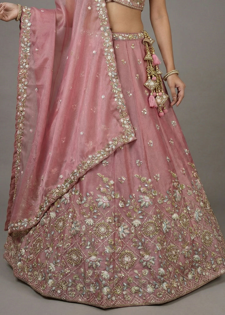 Rose Pink Tissue Lehenga Choli with Floral, Bead &amp; Sequin Embroidery