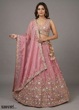 Rose Pink Tissue Lehenga Choli with Floral, Bead & Sequin Embroidery