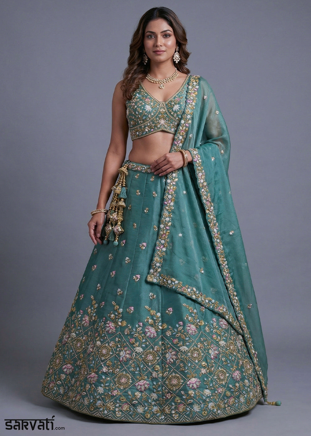 Egyptian Teal Blue Tissue Lehenga Choli with Floral, Bead &amp; Sequin Embroidery