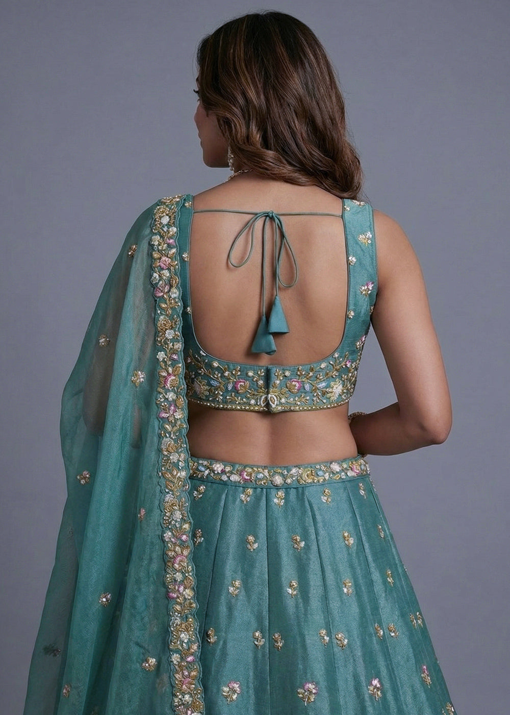 Egyptian Teal Blue Tissue Lehenga Choli with Floral, Bead &amp; Sequin Embroidery