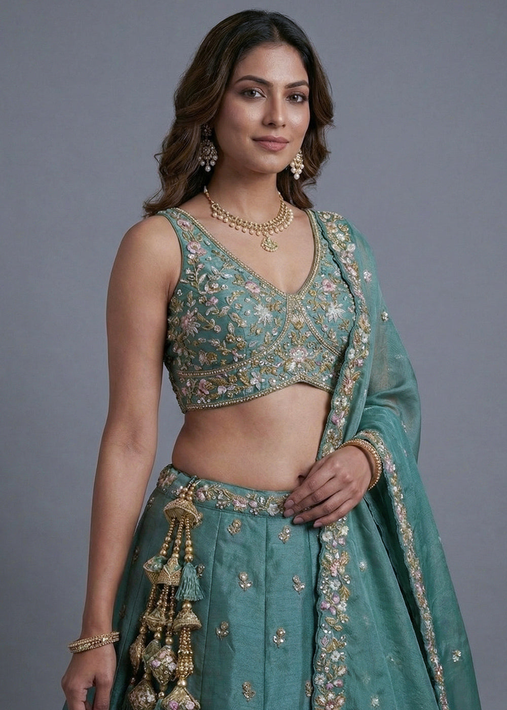 Egyptian Teal Blue Tissue Lehenga Choli with Floral, Bead &amp; Sequin Embroidery