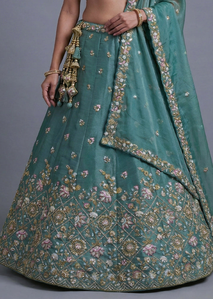 Egyptian Teal Blue Tissue Lehenga Choli with Floral, Bead &amp; Sequin Embroidery
