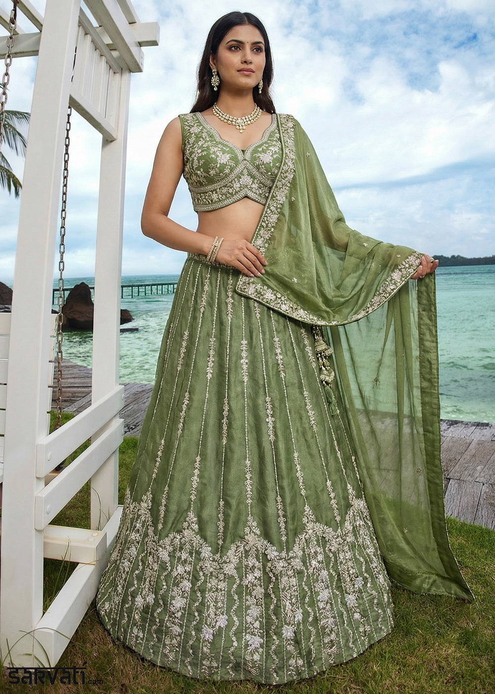 Moss Green Chiffon Lehenga Choli with Embellished Zari Thread &amp; Sequin Embroidery