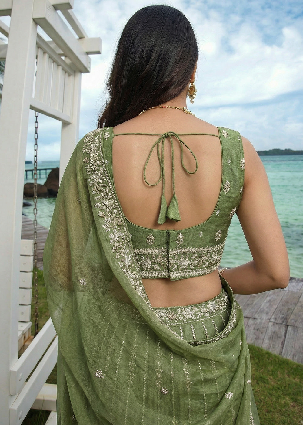 Moss Green Chiffon Lehenga Choli with Embellished Zari Thread & Sequin Embroidery