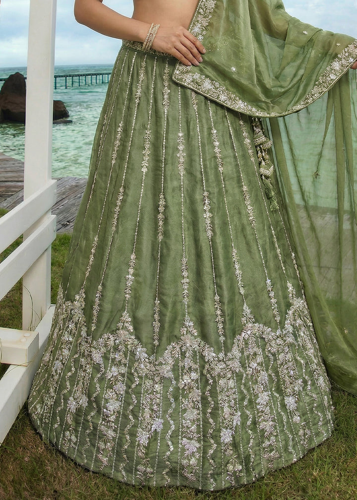 Moss Green Chiffon Lehenga Choli with Embellished Zari Thread &amp; Sequin Embroidery