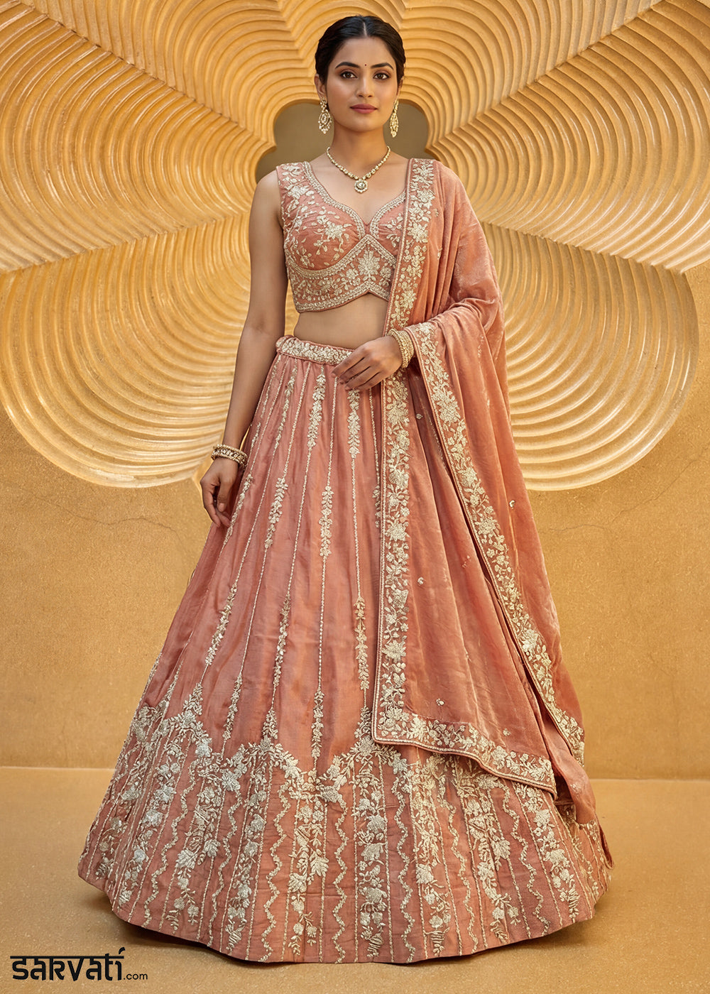Peach Orange Chiffon Lehenga Choli with Embellished Zari Thread &amp; Sequin Embroidery