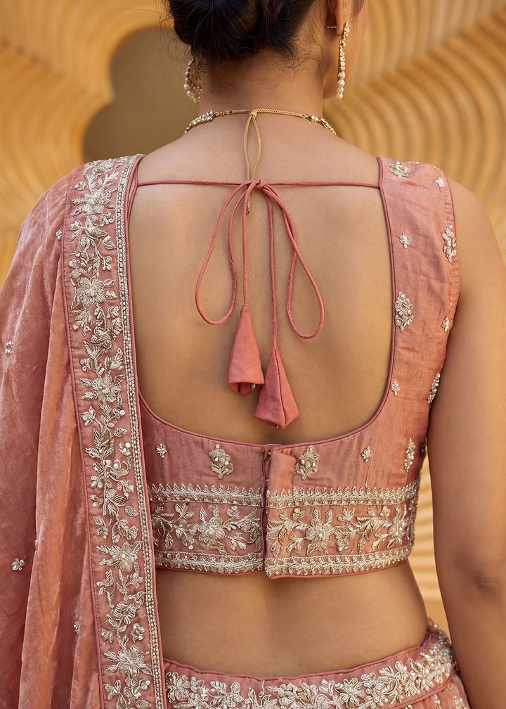 Peach Orange Chiffon Lehenga Choli with Embellished Zari Thread &amp; Sequin Embroidery