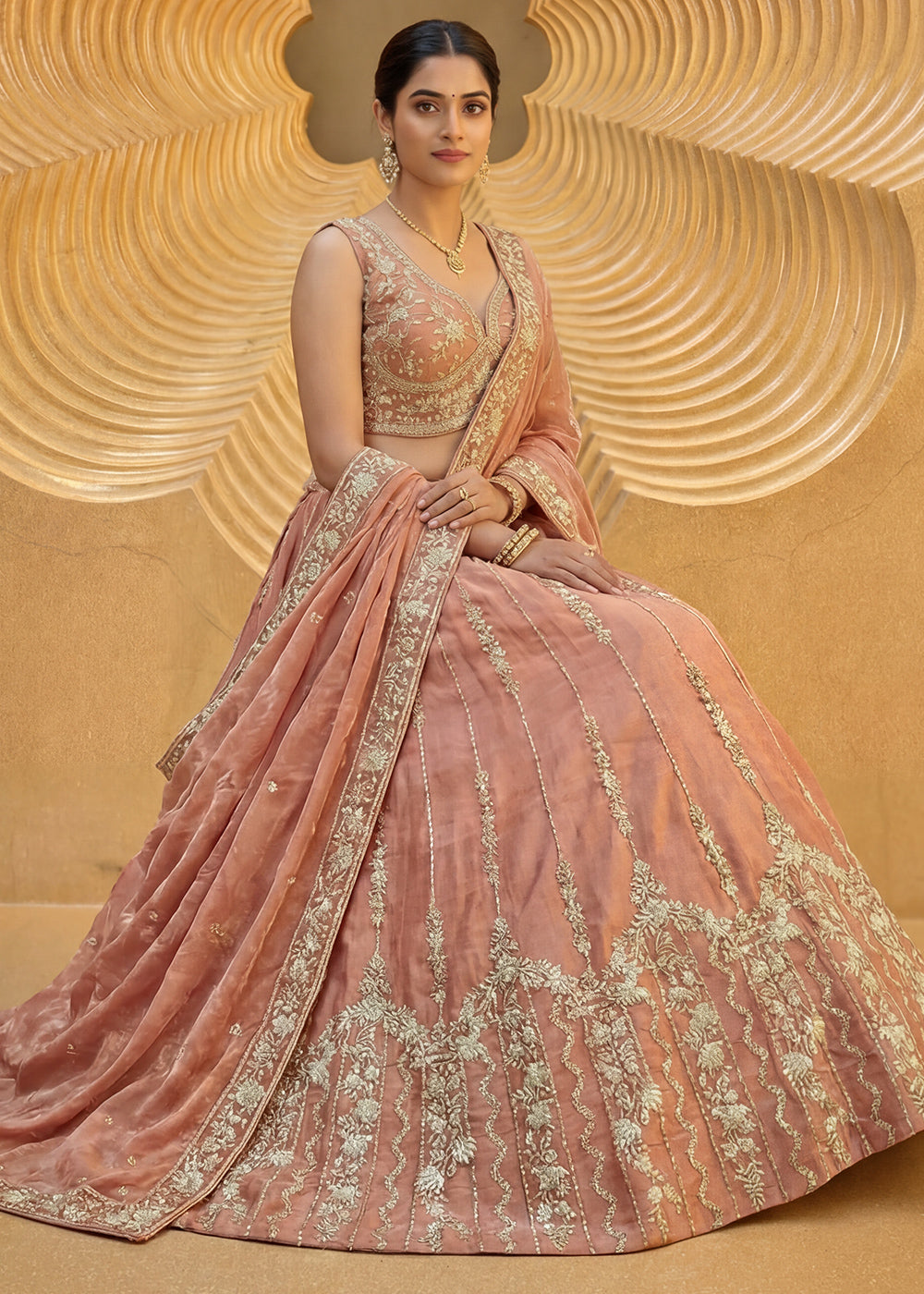 Peach Orange Chiffon Lehenga Choli with Embellished Zari Thread &amp; Sequin Embroidery