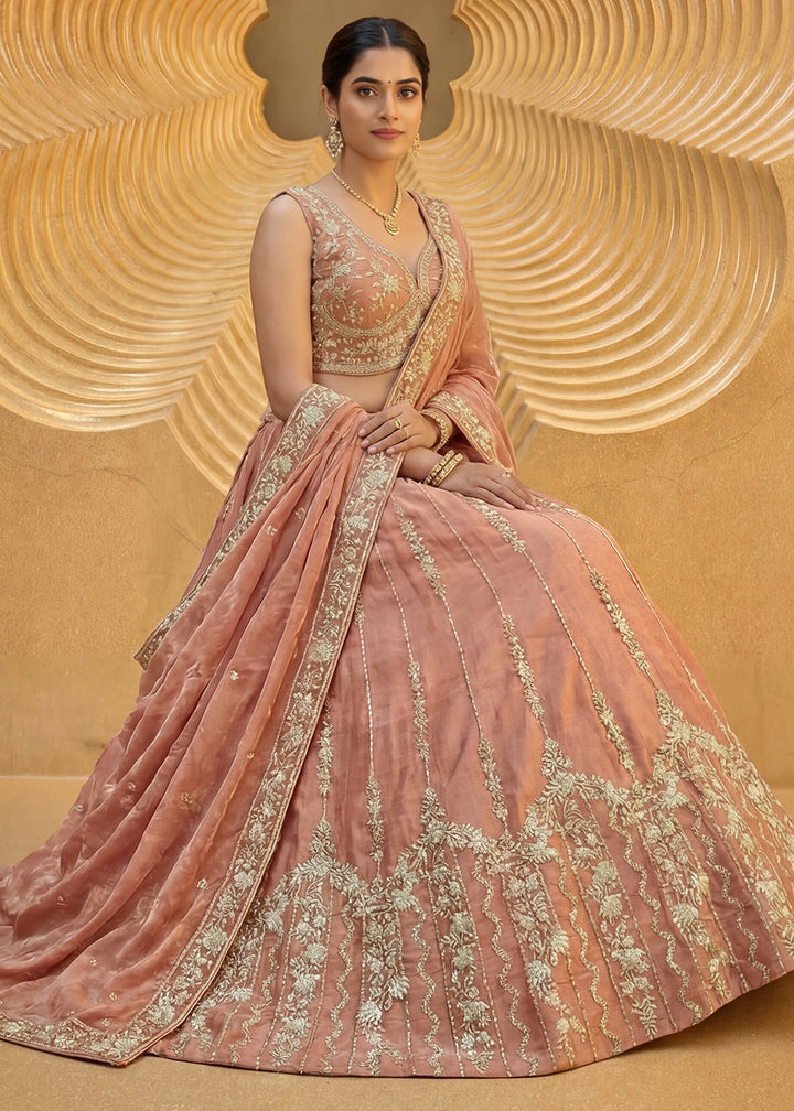 Peach Orange Chiffon Lehenga Choli with Embellished Zari Thread &amp; Sequin Embroidery