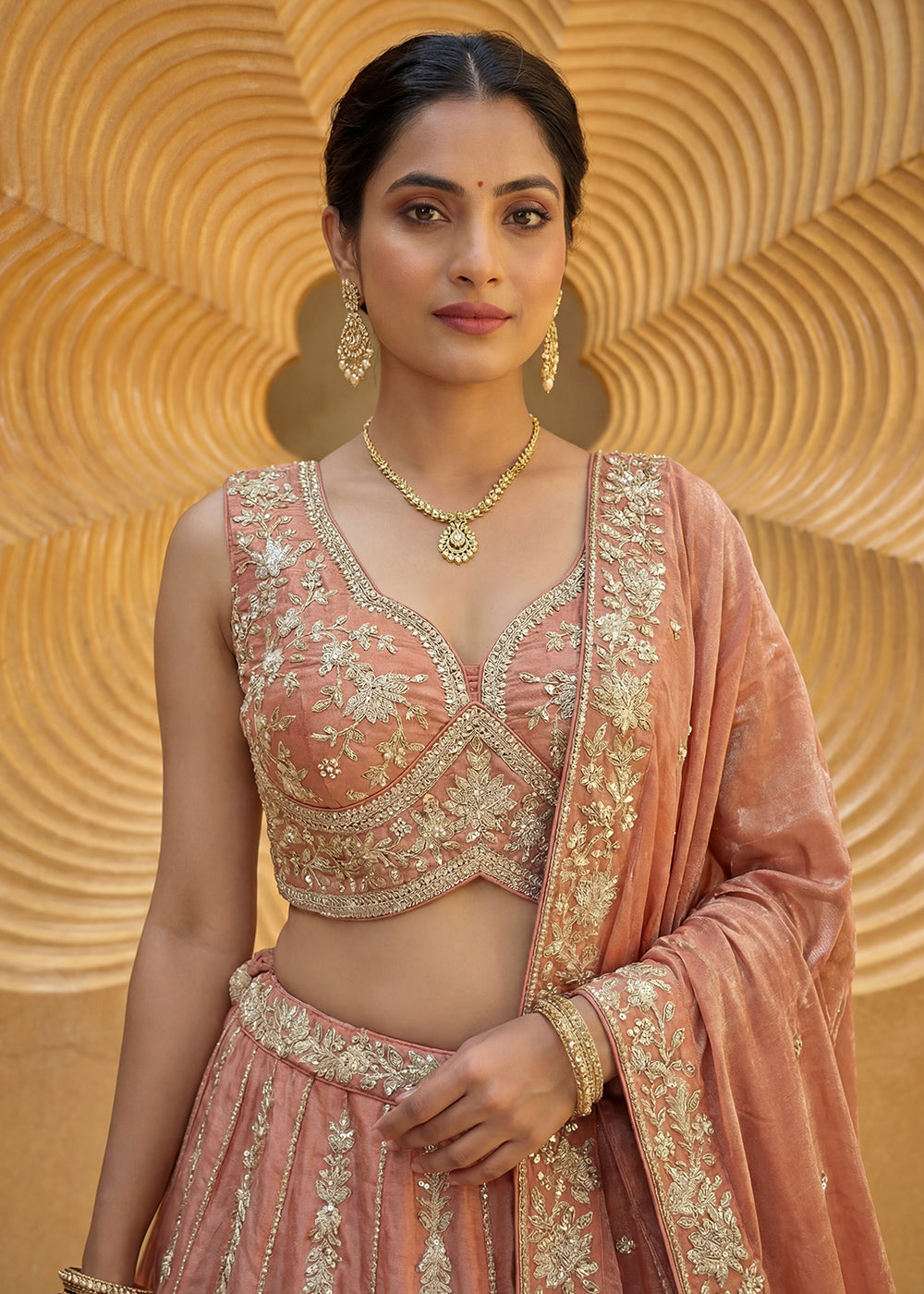 Peach Orange Chiffon Lehenga Choli with Embellished Zari Thread &amp; Sequin Embroidery