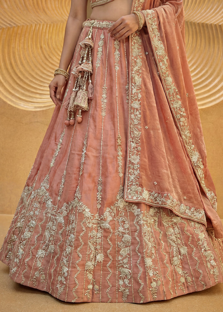 Peach Orange Chiffon Lehenga Choli with Embellished Zari Thread &amp; Sequin Embroidery