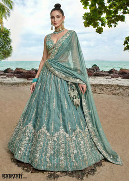 Cadet Blue Chiffon Lehenga Choli with Embellished Zari Thread & Sequin Embroidery