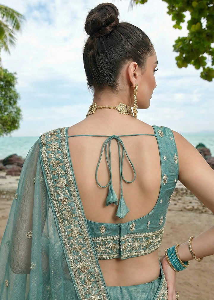 Cadet Blue Chiffon Lehenga Choli with Embellished Zari Thread &amp; Sequin Embroidery
