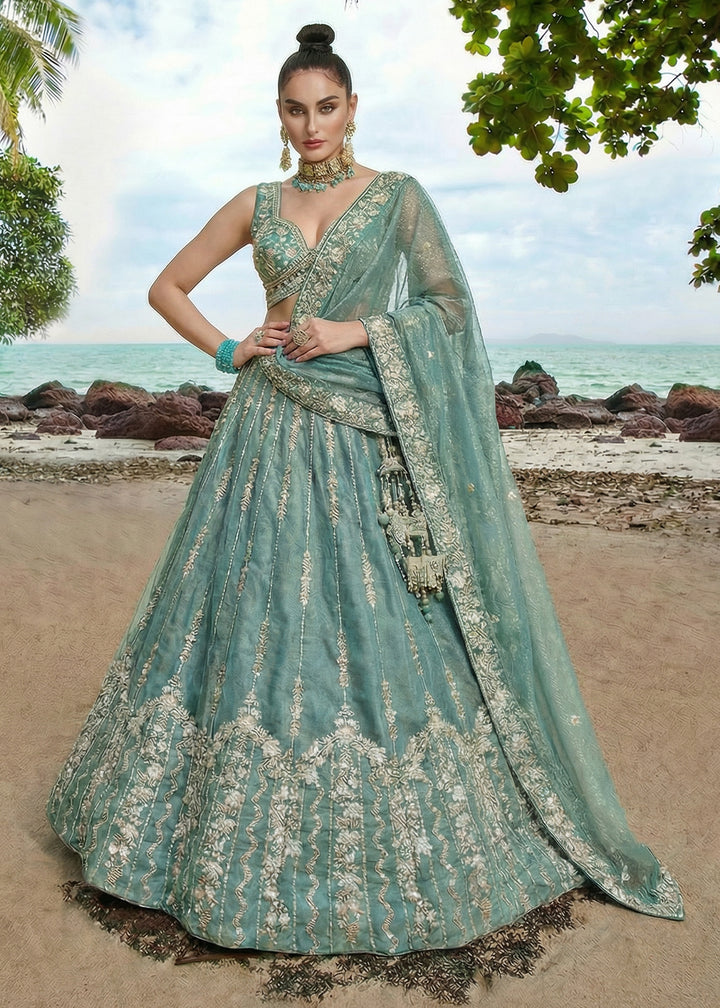 Cadet Blue Chiffon Lehenga Choli with Embellished Zari Thread &amp; Sequin Embroidery