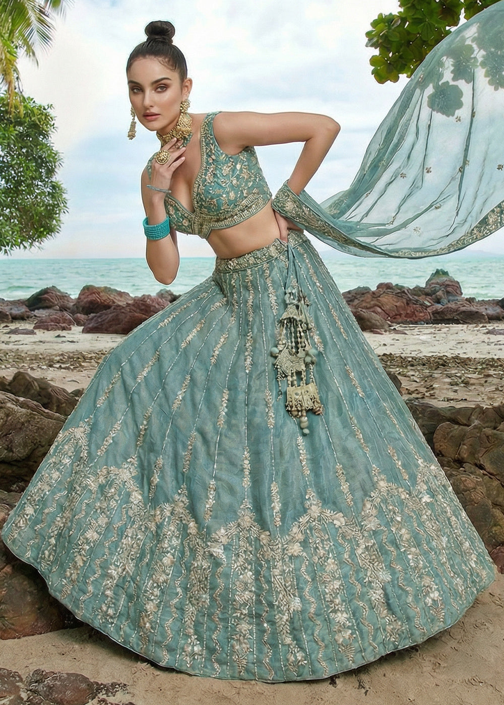 Cadet Blue Chiffon Lehenga Choli with Embellished Zari Thread &amp; Sequin Embroidery