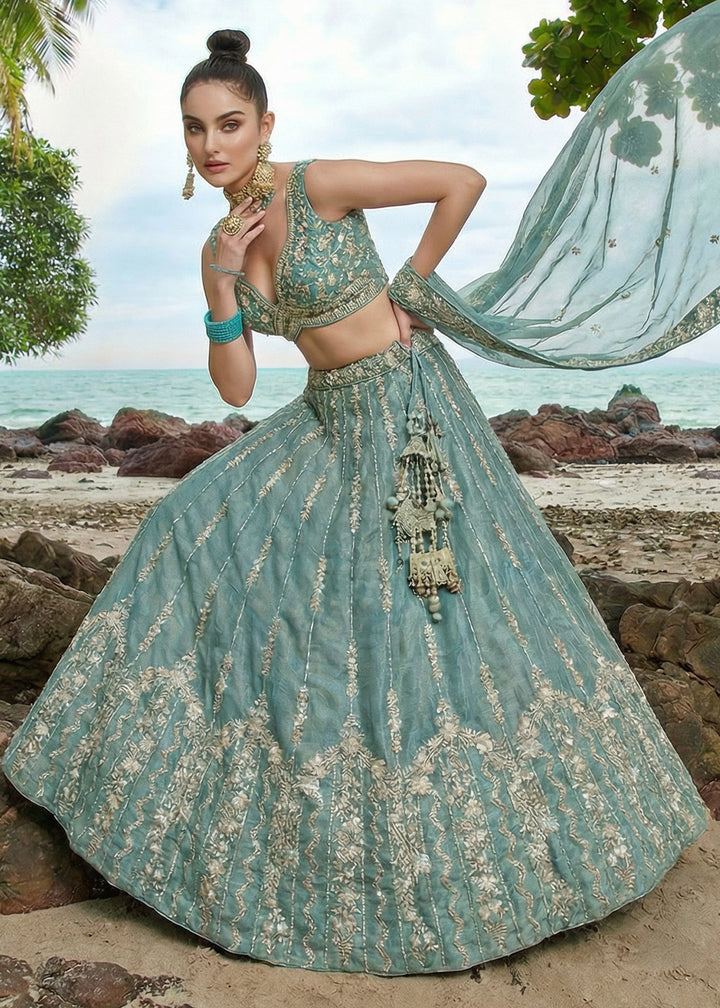 Cadet Blue Chiffon Lehenga Choli with Embellished Zari Thread &amp; Sequin Embroidery