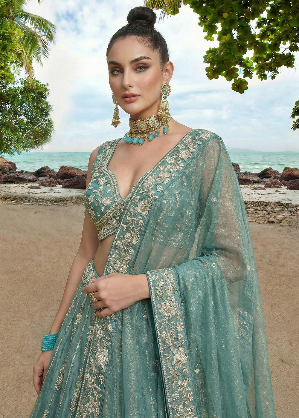 Cadet Blue Chiffon Lehenga Choli with Embellished Zari Thread &amp; Sequin Embroidery
