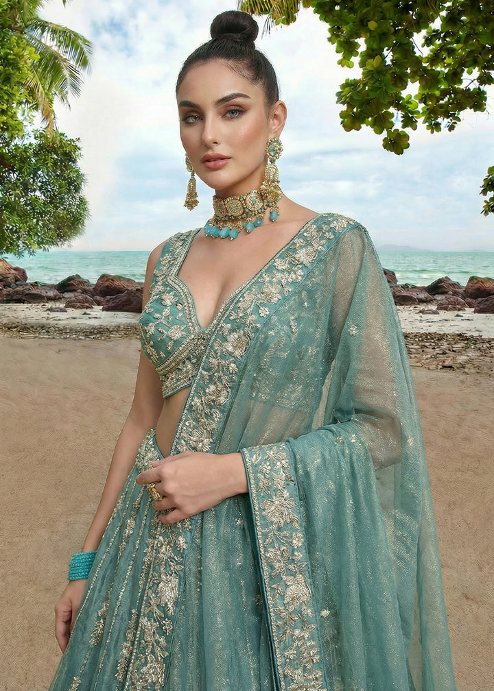 Cadet Blue Chiffon Lehenga Choli with Embellished Zari Thread &amp; Sequin Embroidery