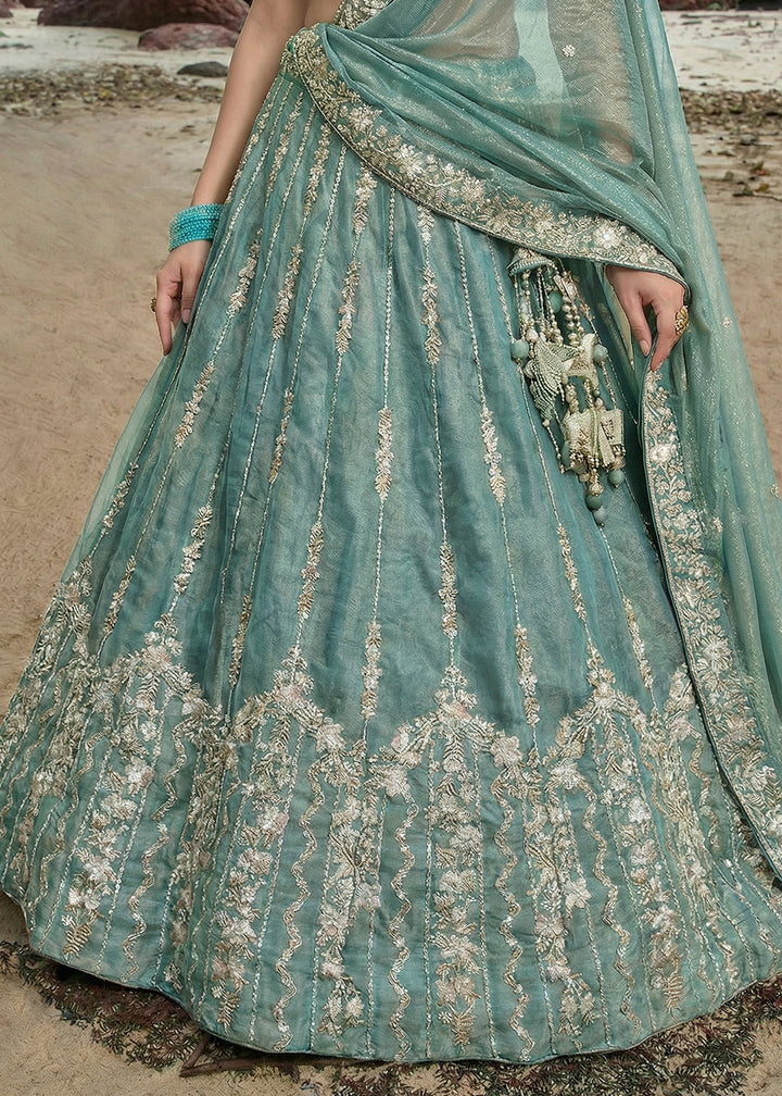 Cadet Blue Chiffon Lehenga Choli with Embellished Zari Thread &amp; Sequin Embroidery