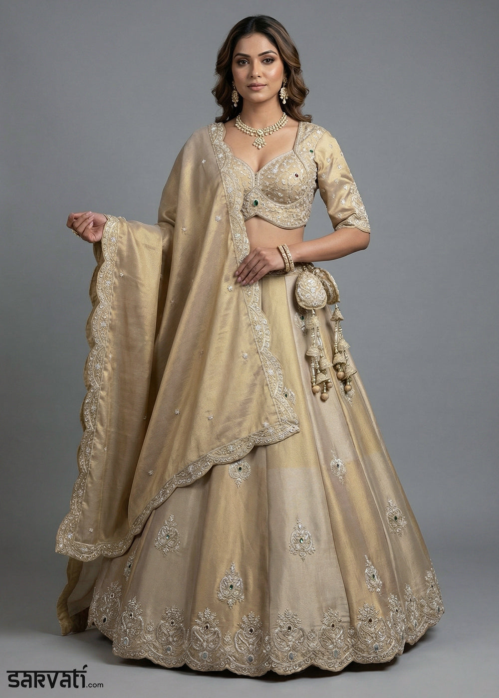 Champagne Beige &amp; Gold Tissue Silk Lehenga Choli with Zari, Sequin &amp; Mirror Work