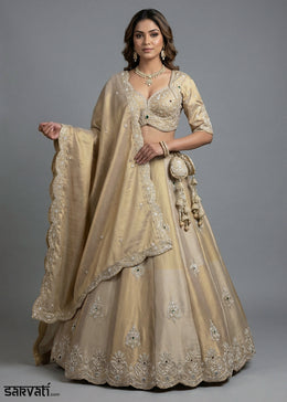 Champagne Beige & Gold Tissue Silk Lehenga Choli with Zari, Sequin & Mirror Work