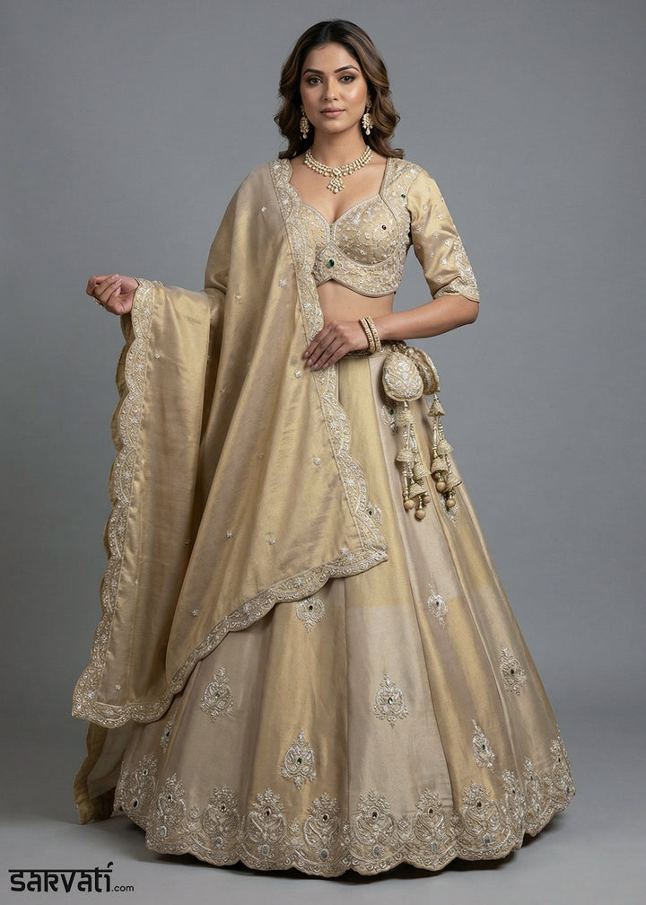 Champagne Beige &amp; Gold Tissue Silk Lehenga Choli with Zari, Sequin &amp; Mirror Work
