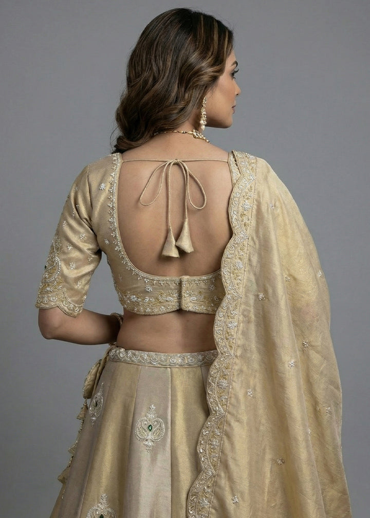 Champagne Beige &amp; Gold Tissue Silk Lehenga Choli with Zari, Sequin &amp; Mirror Work