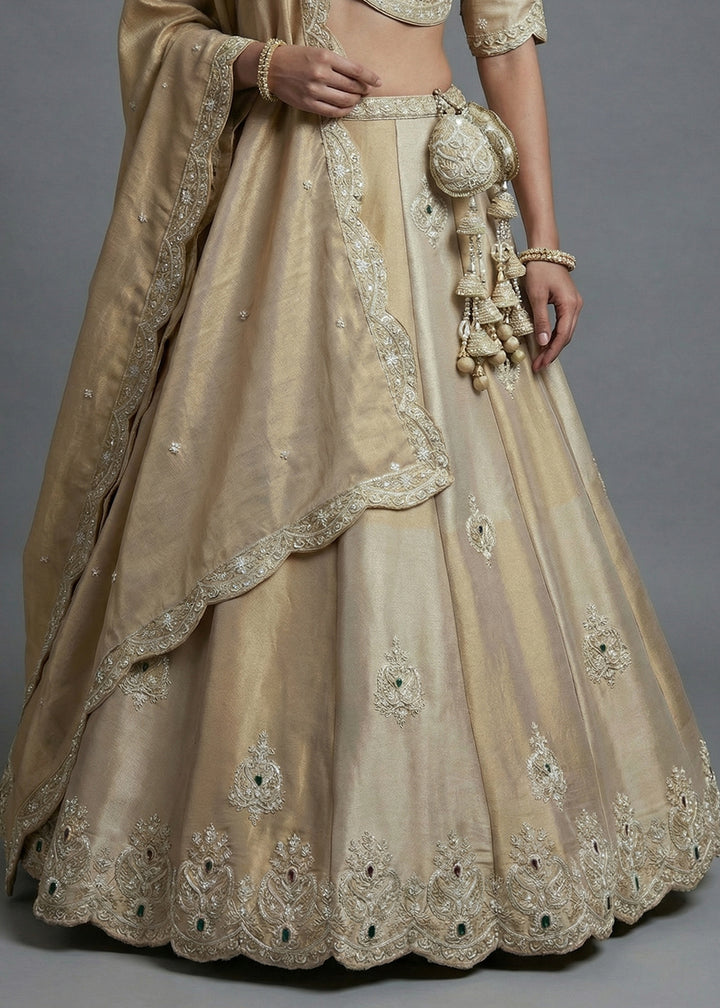 Champagne Beige &amp; Gold Tissue Silk Lehenga Choli with Zari, Sequin &amp; Mirror Work