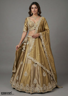 Antique Gold & Champagne Gold Tissue Silk Lehenga Choli with Zari, Sequin & Mirror Work