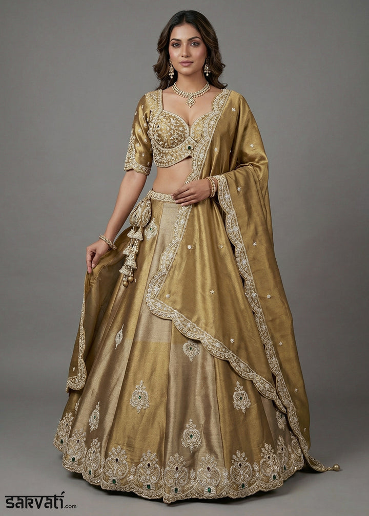 Antique Gold &amp; Champagne Gold Tissue Silk Lehenga Choli with Zari, Sequin &amp; Mirror Work