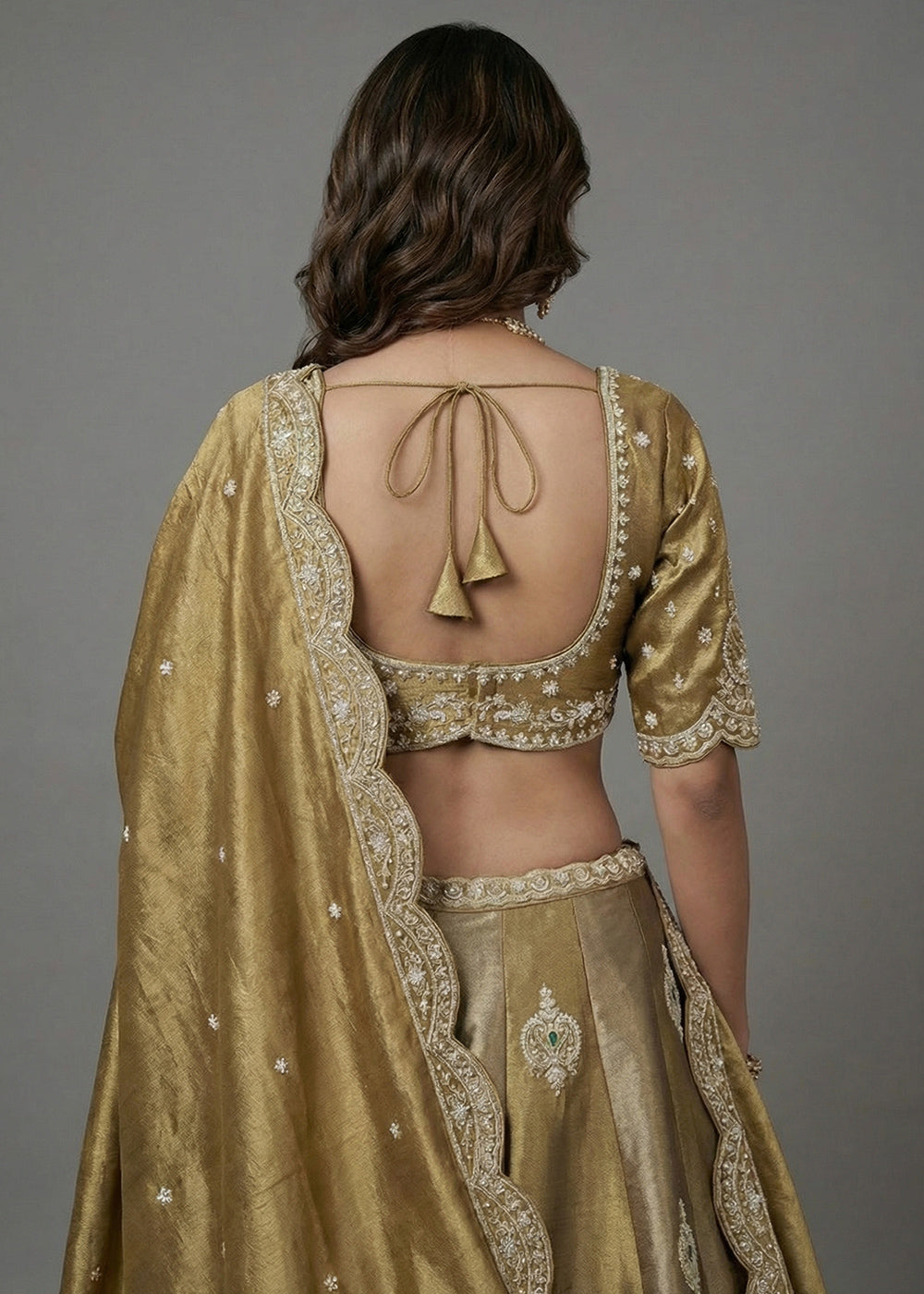Antique Gold & Champagne Gold Tissue Silk Lehenga Choli with Zari, Sequin & Mirror Work