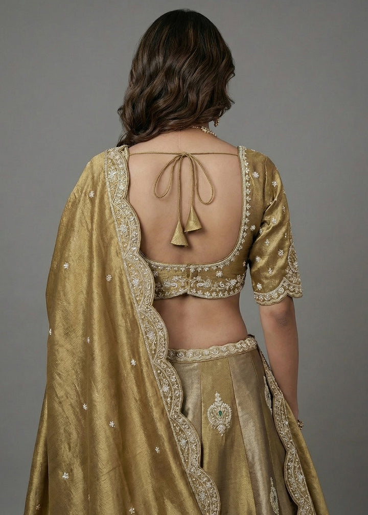 Antique Gold &amp; Champagne Gold Tissue Silk Lehenga Choli with Zari, Sequin &amp; Mirror Work