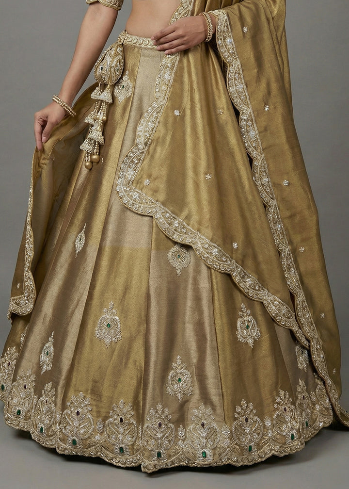 Antique Gold &amp; Champagne Gold Tissue Silk Lehenga Choli with Zari, Sequin &amp; Mirror Work